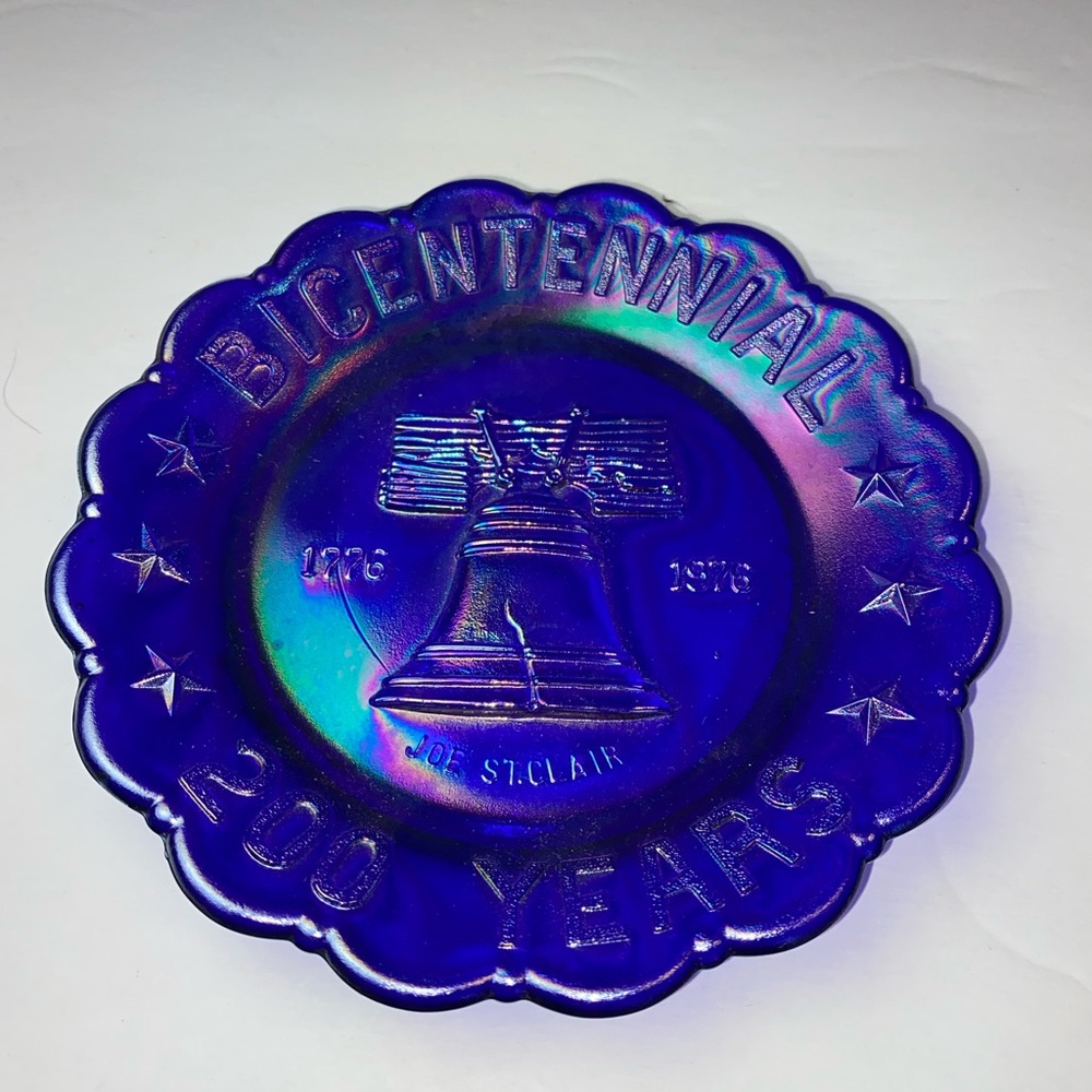 Cobalt Blue Carnival Glass Joe St. Clair Bicentennial 200 Year Plate 5.5”